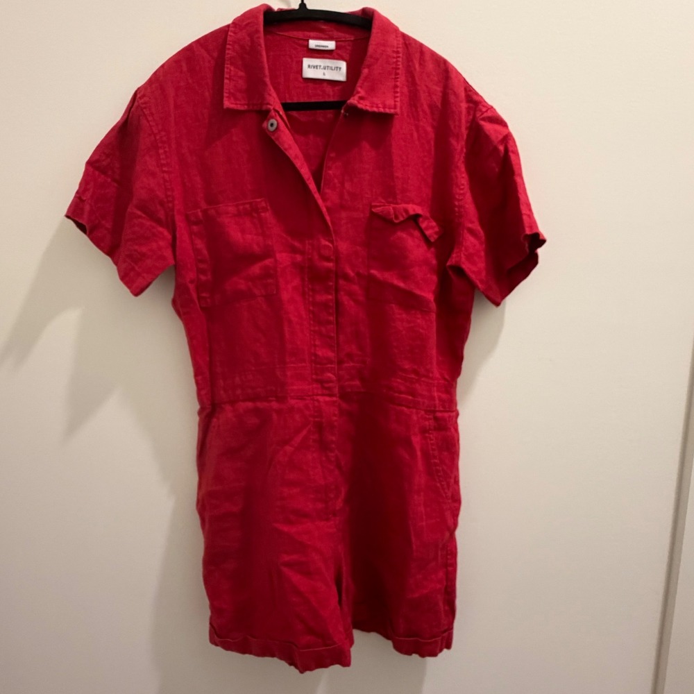 Rivet Utility Dreamer Scarlet Red 100% Linen Short Sleeve Romper Jumpsuit L USA